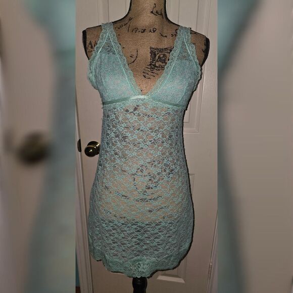 🧚‍♀️Fairycore Aqua Lace Lingerie Mini Slip Dress Open Back Large ✨️ - Picture 1 of 4